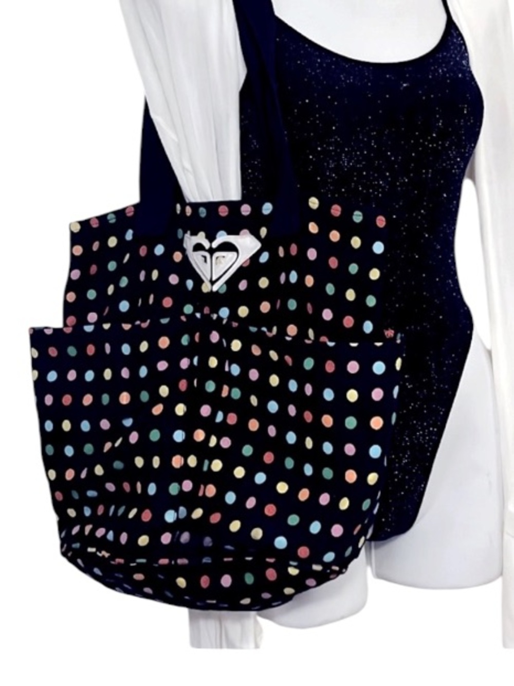 Roxy Black Multi Color Polka Dot Canvas Grocery Tote Book Laptop Beach Pool Bag